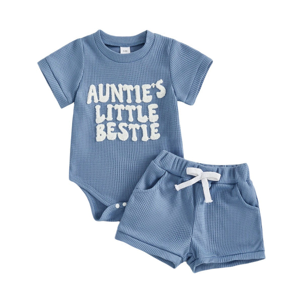 Baby Boy Waffle Romper Embroidered Top and Shorts