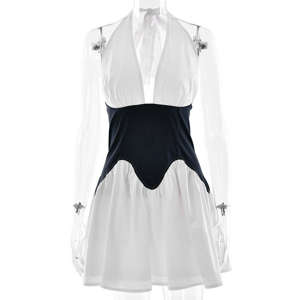 Fashion Splicing A-Line Halter Deep V Waist-Cinching Dress