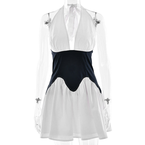 Fashion Splicing A-Line Halter Deep V Waist-Cinching Dress