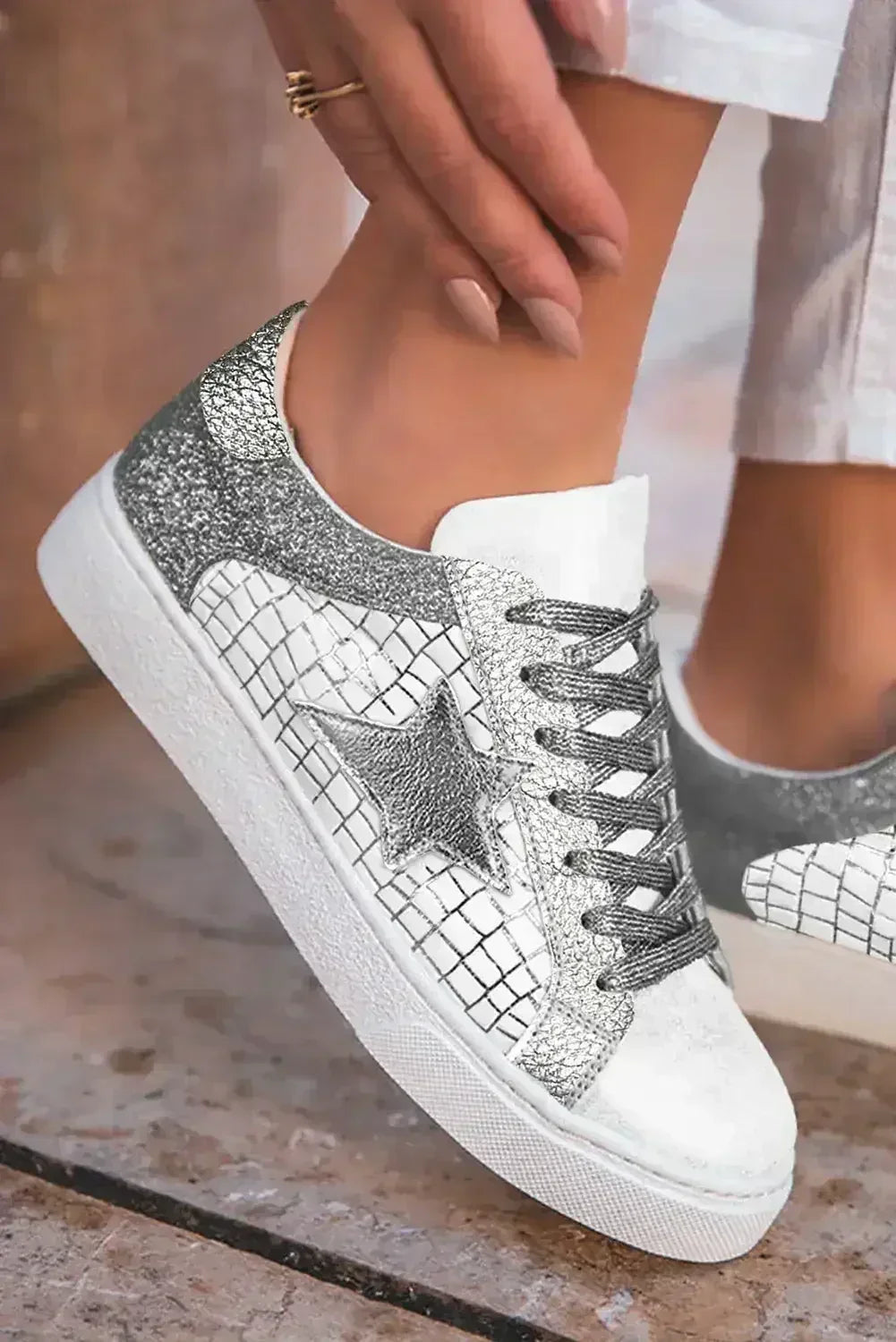 Gold Glitter Star Patchwork PU Leather Lace-Up Sneakers