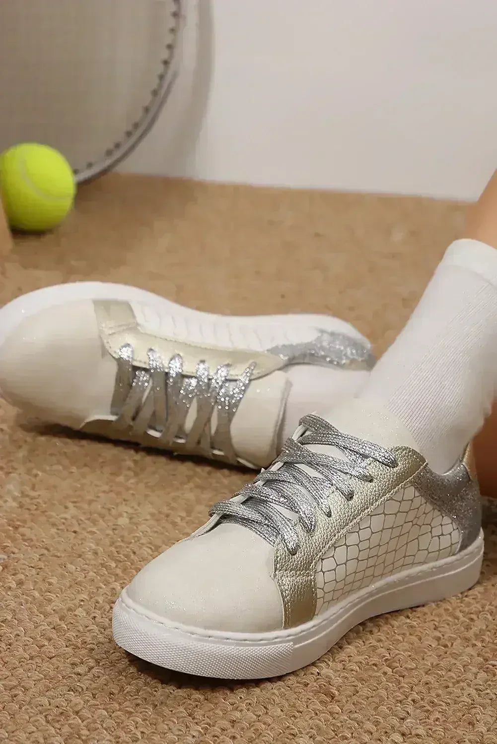 Gold Glitter Star Patchwork PU Leather Lace-Up Sneakers