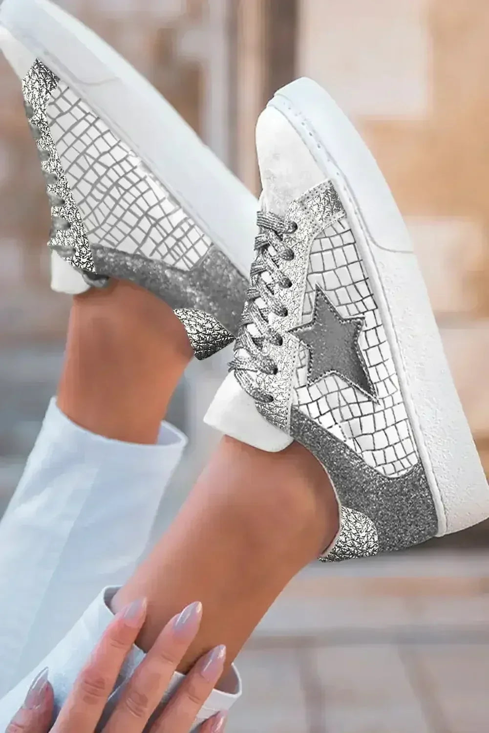 Gold Glitter Star Patchwork PU Leather Lace-Up Sneakers