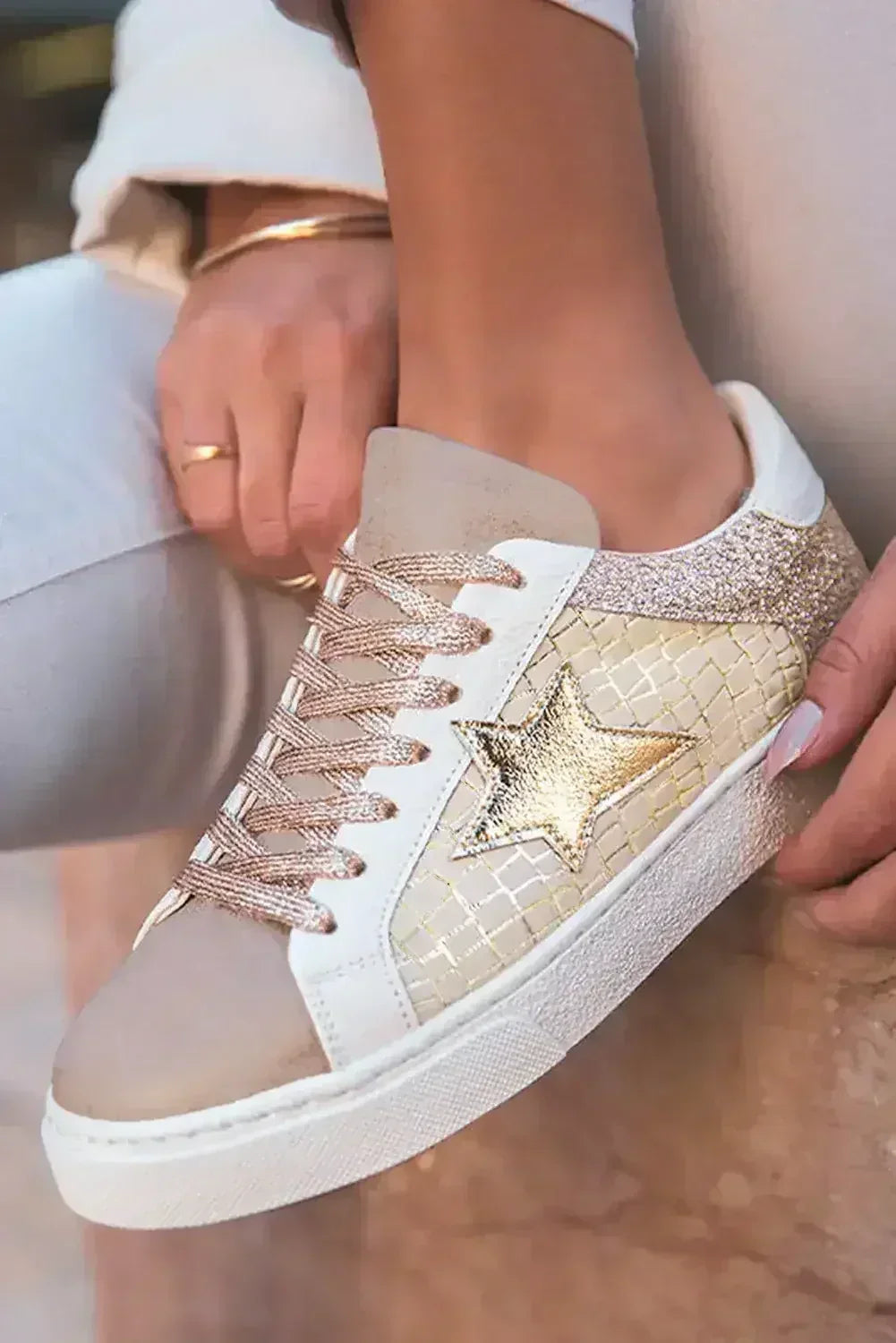 Gold Glitter Star Patchwork PU Leather Lace-Up Sneakers