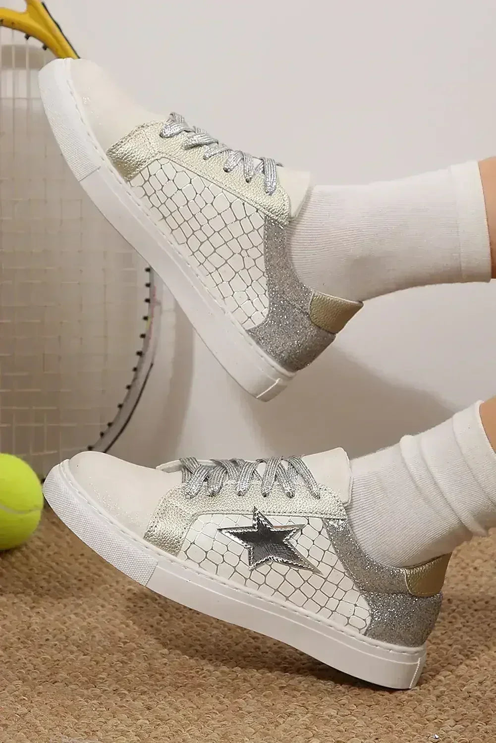 Gold Glitter Star Patchwork PU Leather Lace-Up Sneakers
