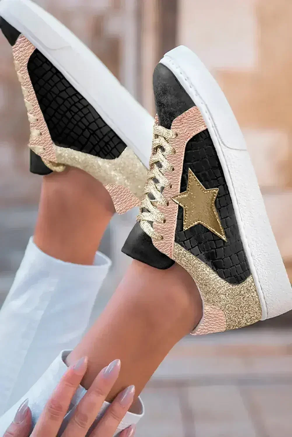 Gold Glitter Star Patchwork PU Leather Lace-Up Sneakers