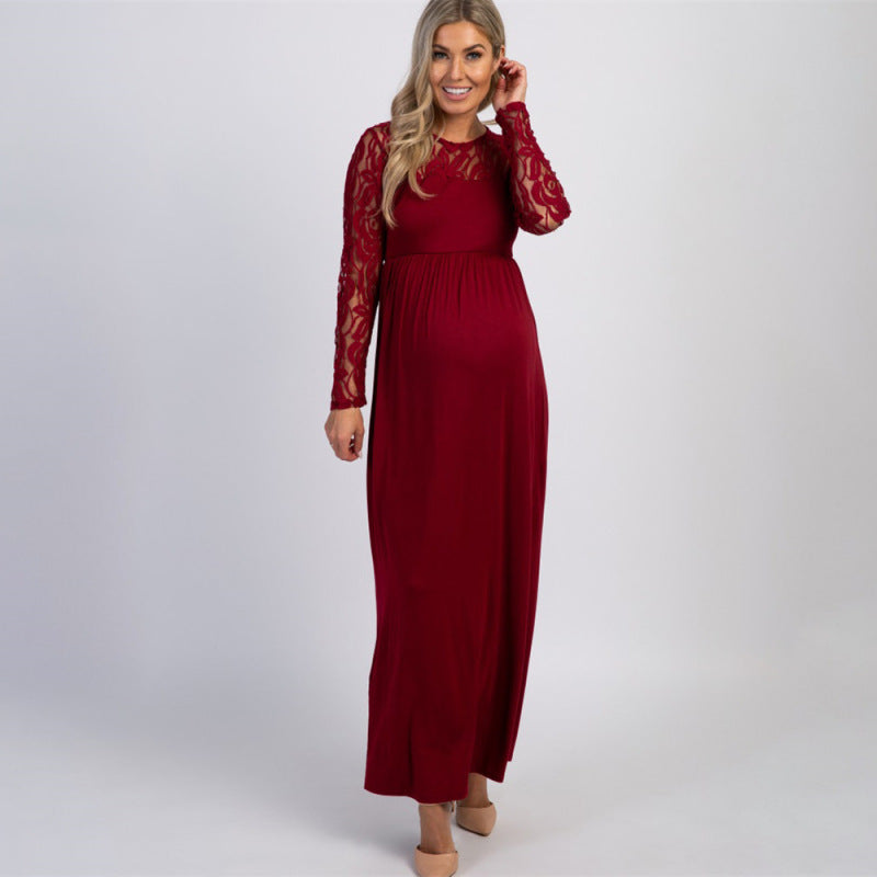 Long Sleeve Maternity Lace Dress Solid Color
