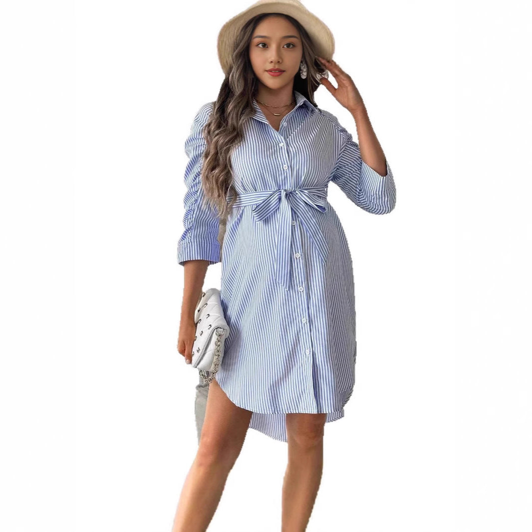 Women's Striped Lapel Button Casual Maternity Shirt