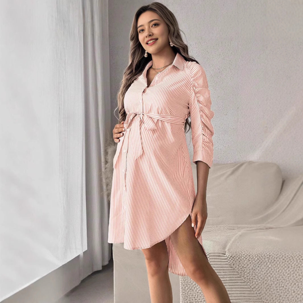 Women's Striped Lapel Button Casual Maternity Shirt