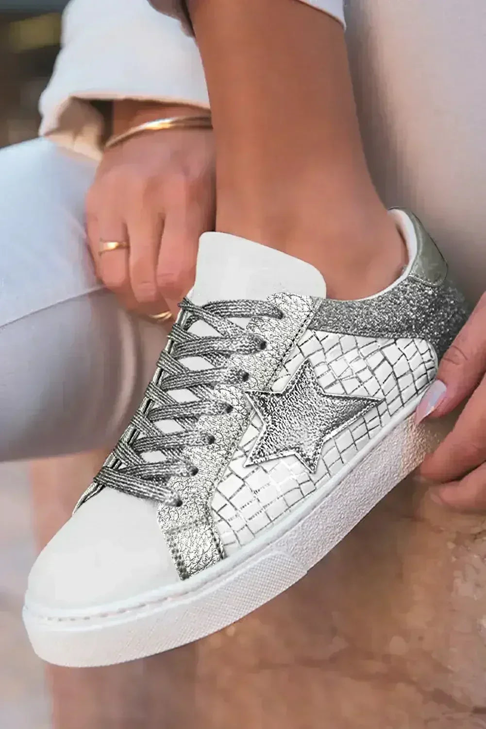 Gold Glitter Star Patchwork PU Leather Lace-Up Sneakers