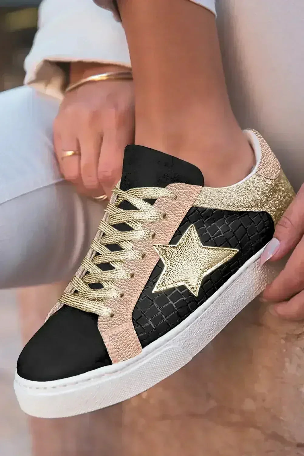 Gold Glitter Star Patchwork PU Leather Lace-Up Sneakers