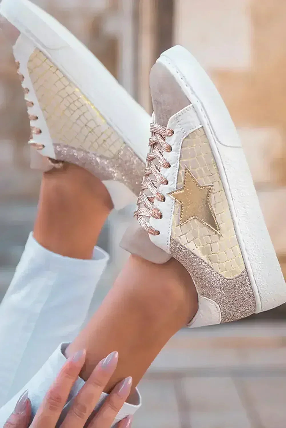 Gold Glitter Star Patchwork PU Leather Lace-Up Sneakers