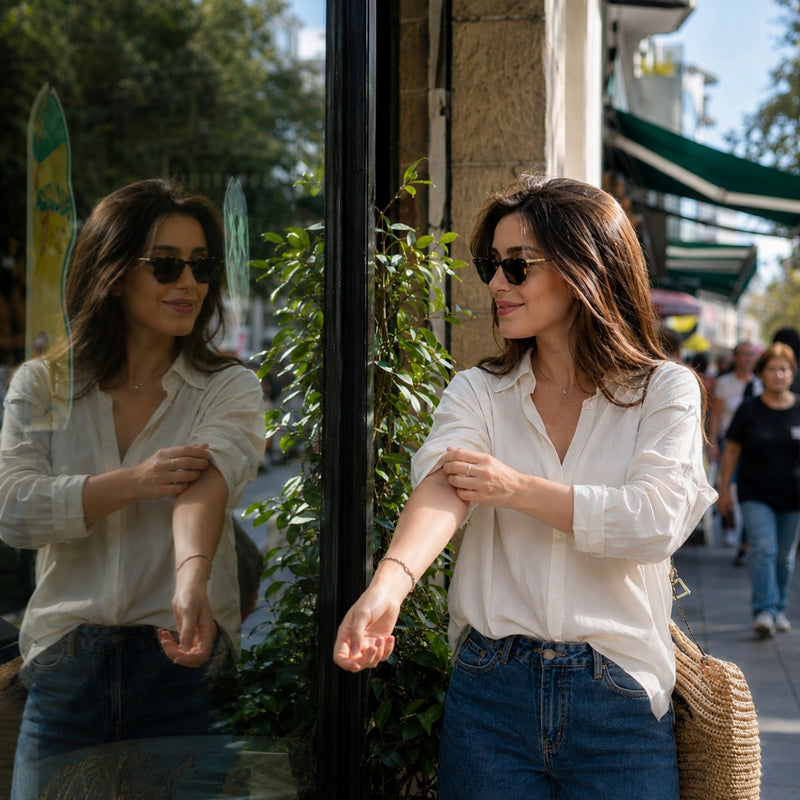 Woman in a white shirt and blue jeans standing on a street, looking at her arm.