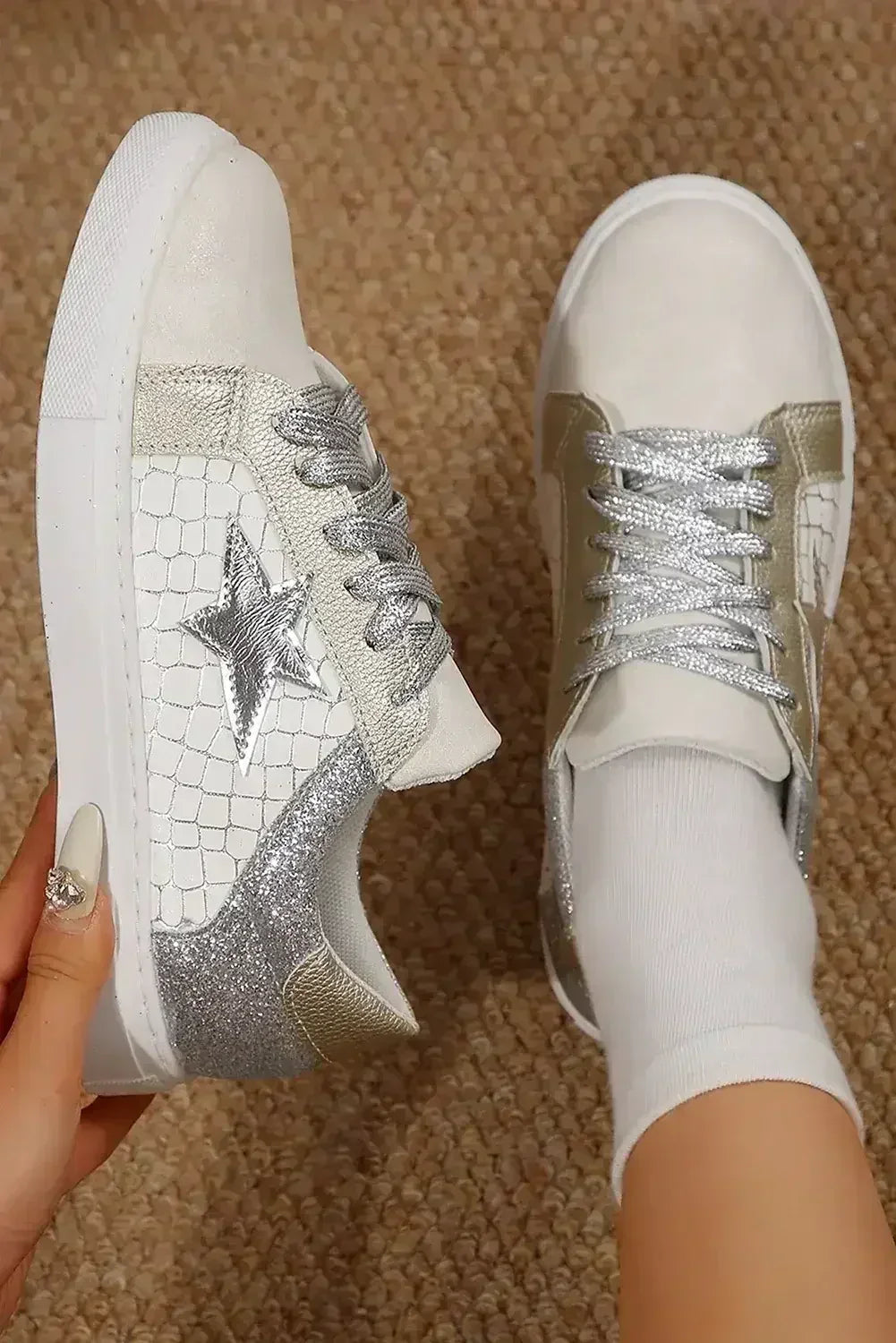Gold Glitter Star Patchwork PU Leather Lace-Up Sneakers