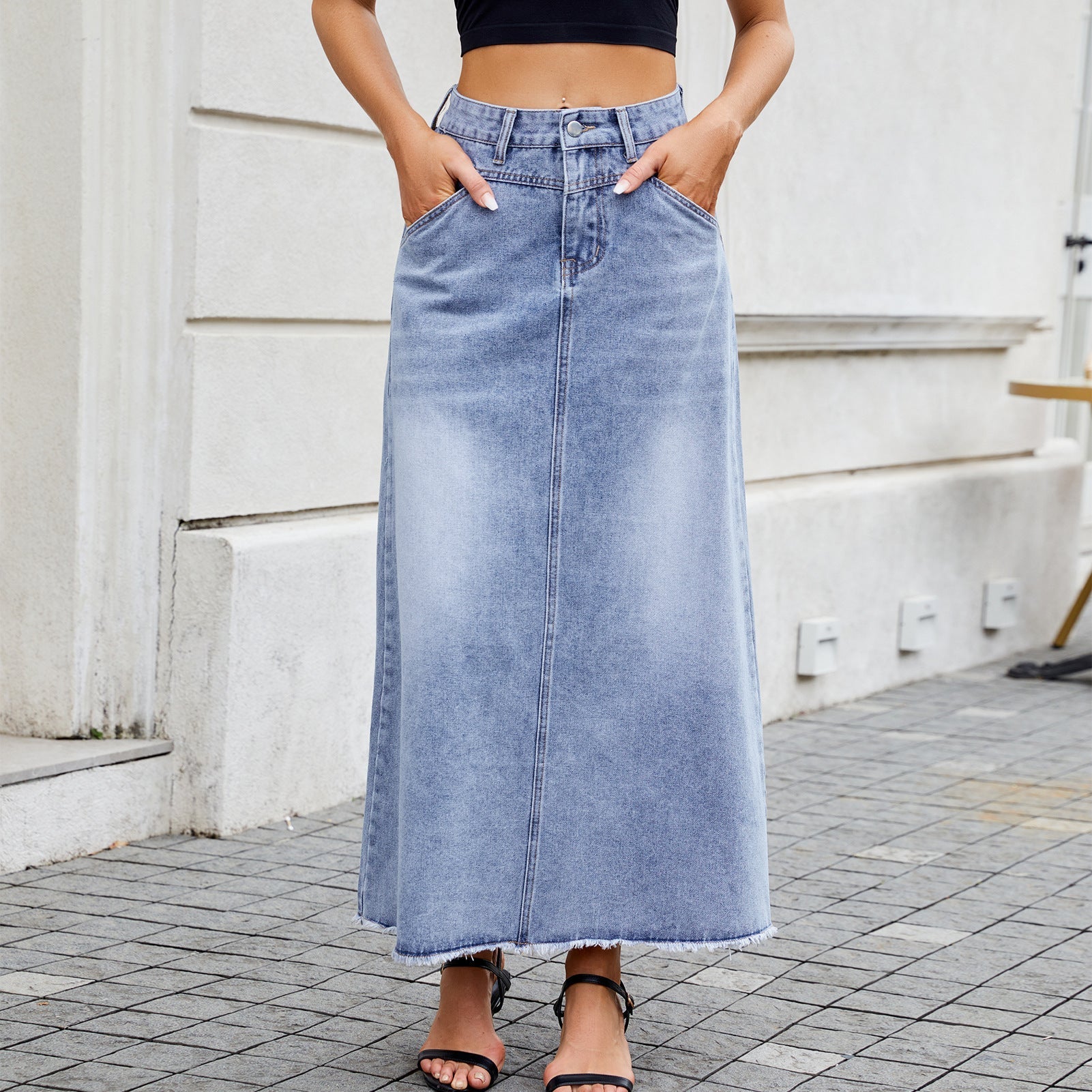 High-Waisted Denim Midi Skirt with Functional Pockets Women