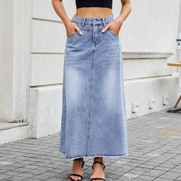 High-Waisted Denim Midi Skirt with Functional Pockets Women