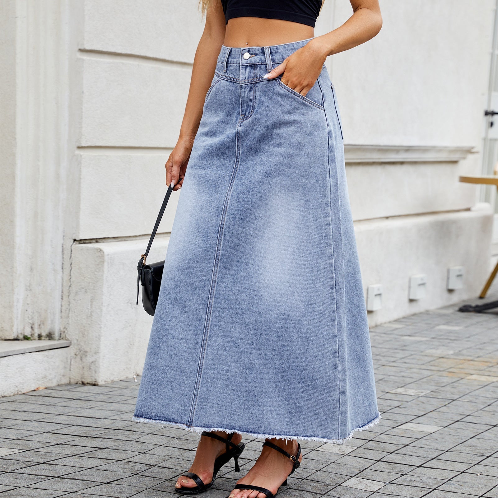 High-Waisted Denim Midi Skirt with Functional Pockets Women