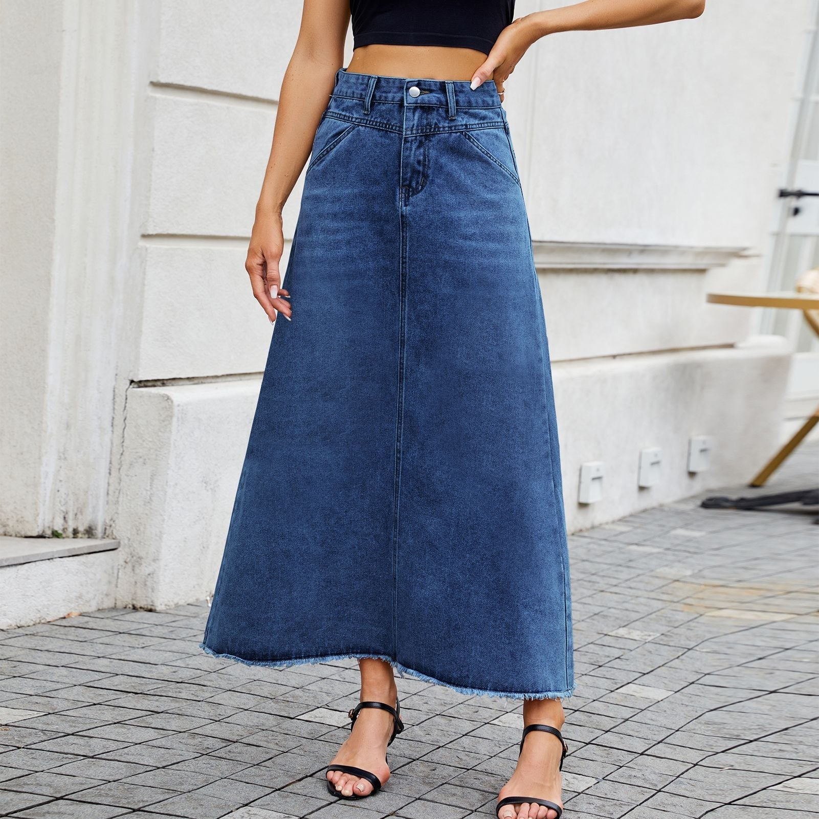 High-Waisted Denim Midi Skirt with Functional Pockets Women
