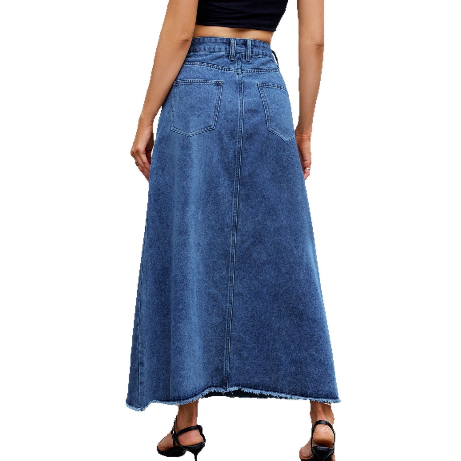 High-Waisted Denim Midi Skirt with Functional Pockets Women