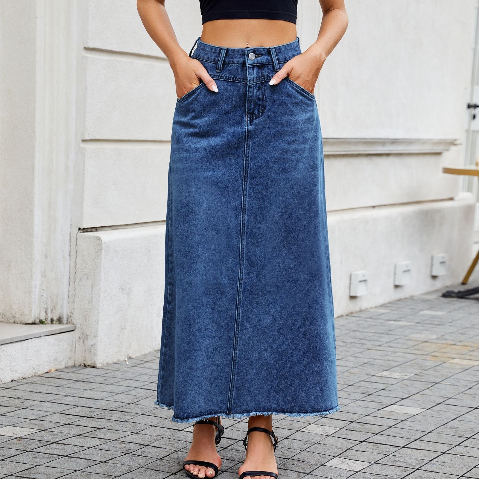 High-Waisted Denim Midi Skirt with Functional Pockets Women