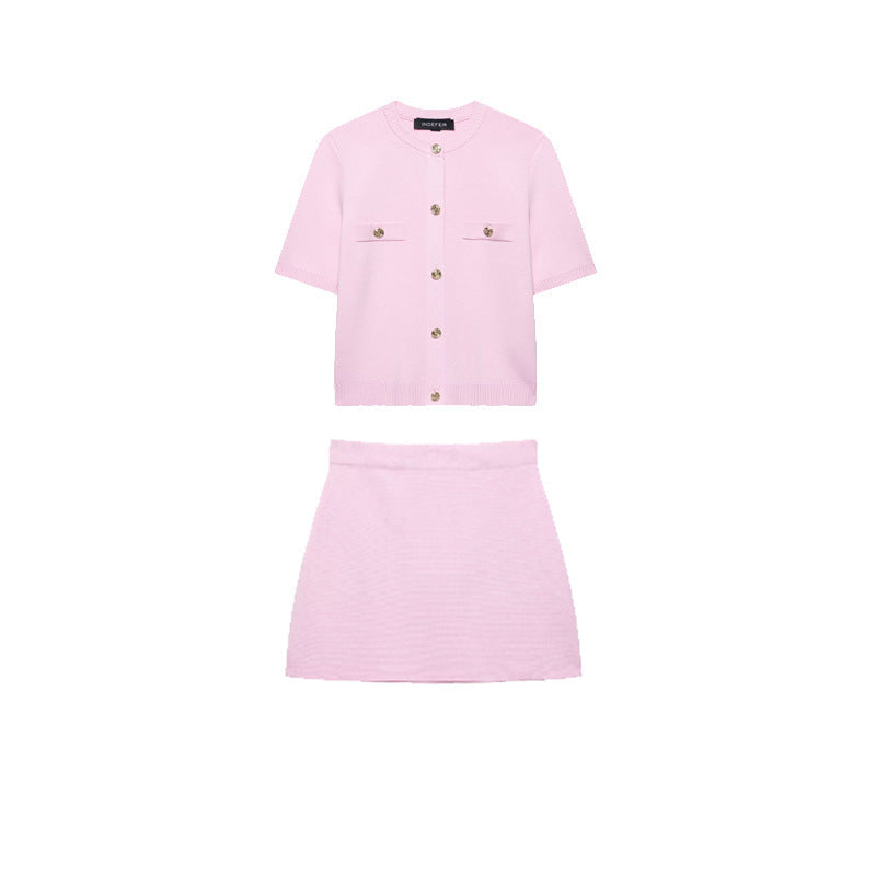 Women's Short Sleeve Knitted Top and Skirt Set