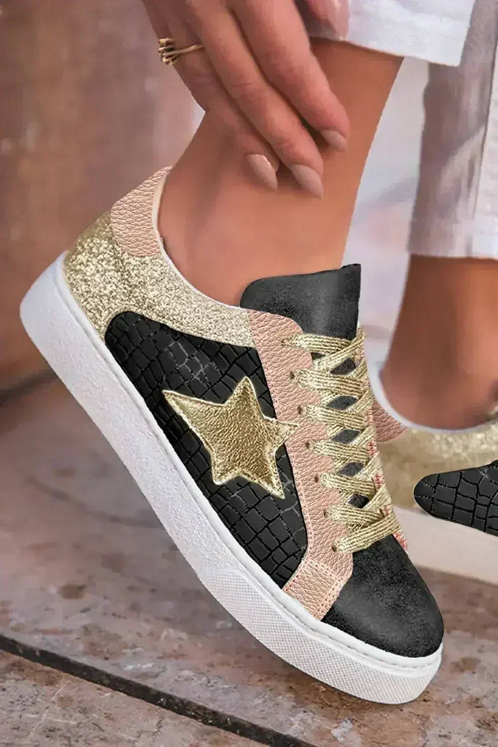 Gold Glitter Star Patchwork PU Leather Lace-Up Sneakers