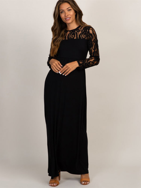 Long Sleeve Maternity Lace Dress Solid Color