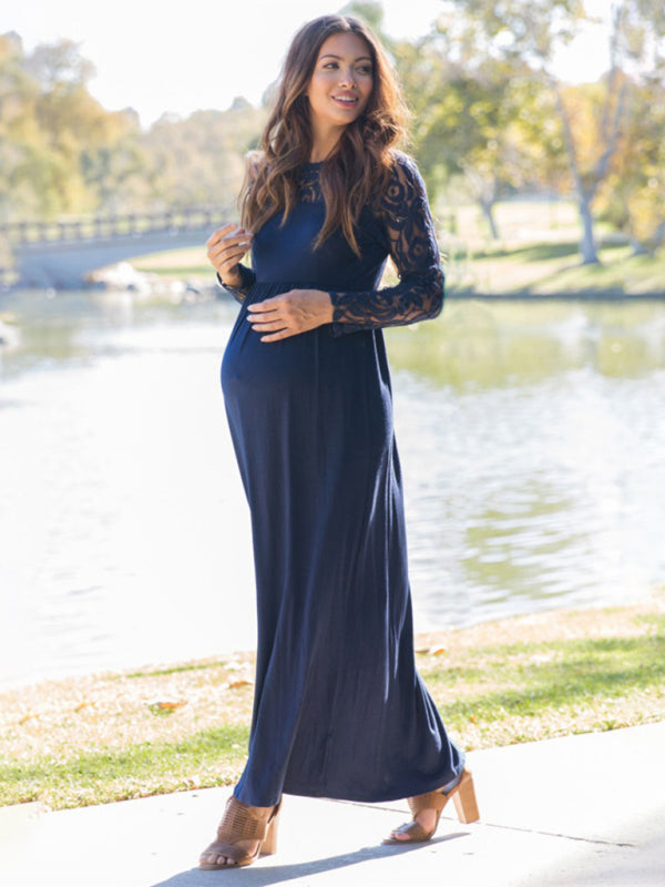 Long Sleeve Maternity Lace Dress Solid Color
