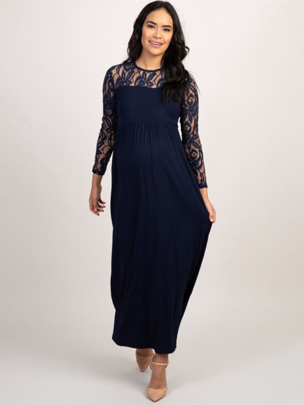 Long Sleeve Maternity Lace Dress Solid Color