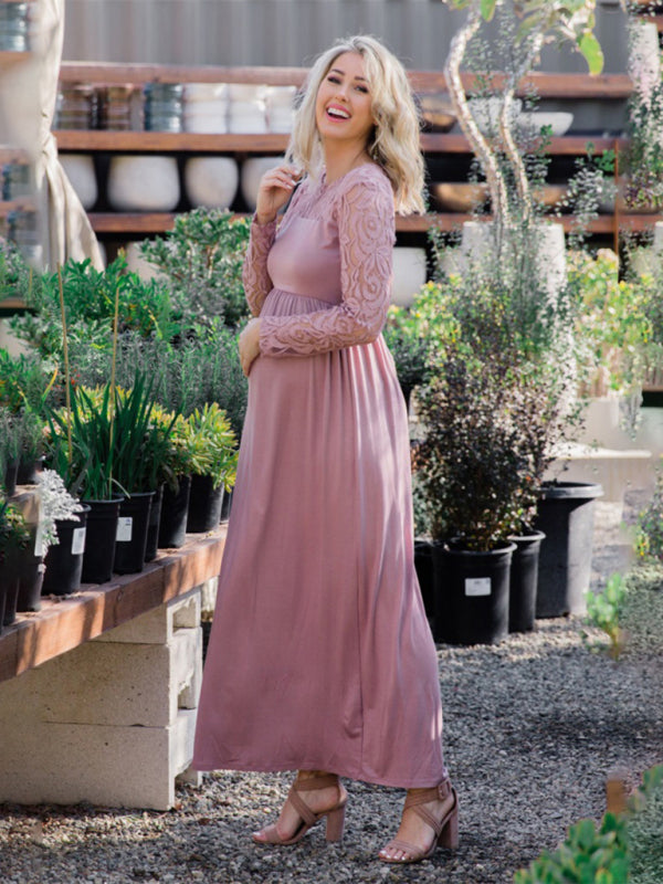 Long Sleeve Maternity Lace Dress Solid Color