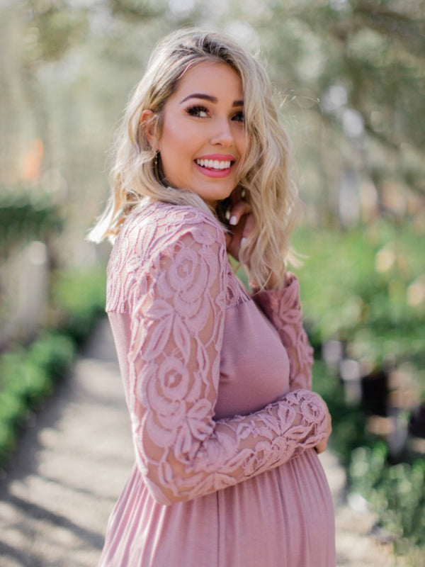 Long Sleeve Maternity Lace Dress Solid Color