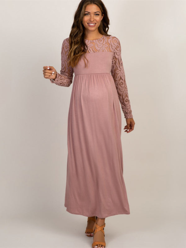 Long Sleeve Maternity Lace Dress Solid Color