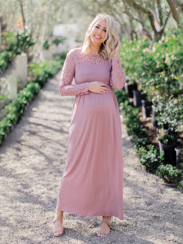 Long Sleeve Maternity Lace Dress Solid Color