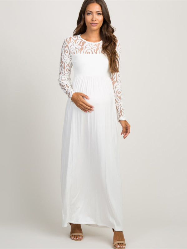 Long Sleeve Maternity Lace Dress Solid Color