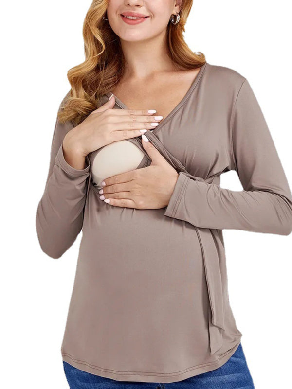 Solid Color V-Neck Long Sleeve Nursing Maternity Dress
