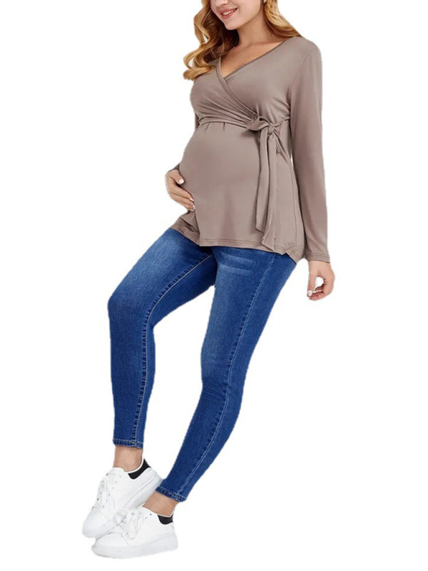 Solid Color V-Neck Long Sleeve Nursing Maternity Dress