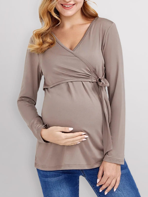 Solid Color V-Neck Long Sleeve Nursing Maternity Dress