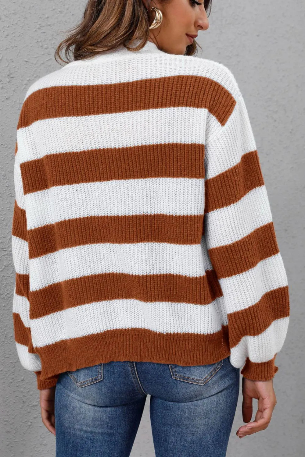 Women's Contrast Striped Button Woven Sweater Jacket Autumn Winter
