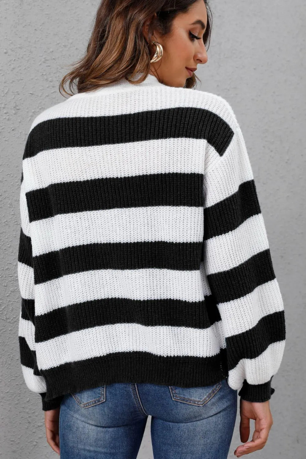 Women's Contrast Striped Button Woven Sweater Jacket Autumn Winter