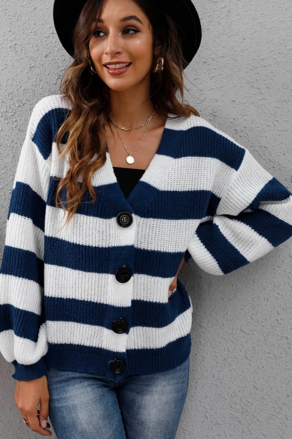 Women's Contrast Striped Button Woven Sweater Jacket Autumn Winter