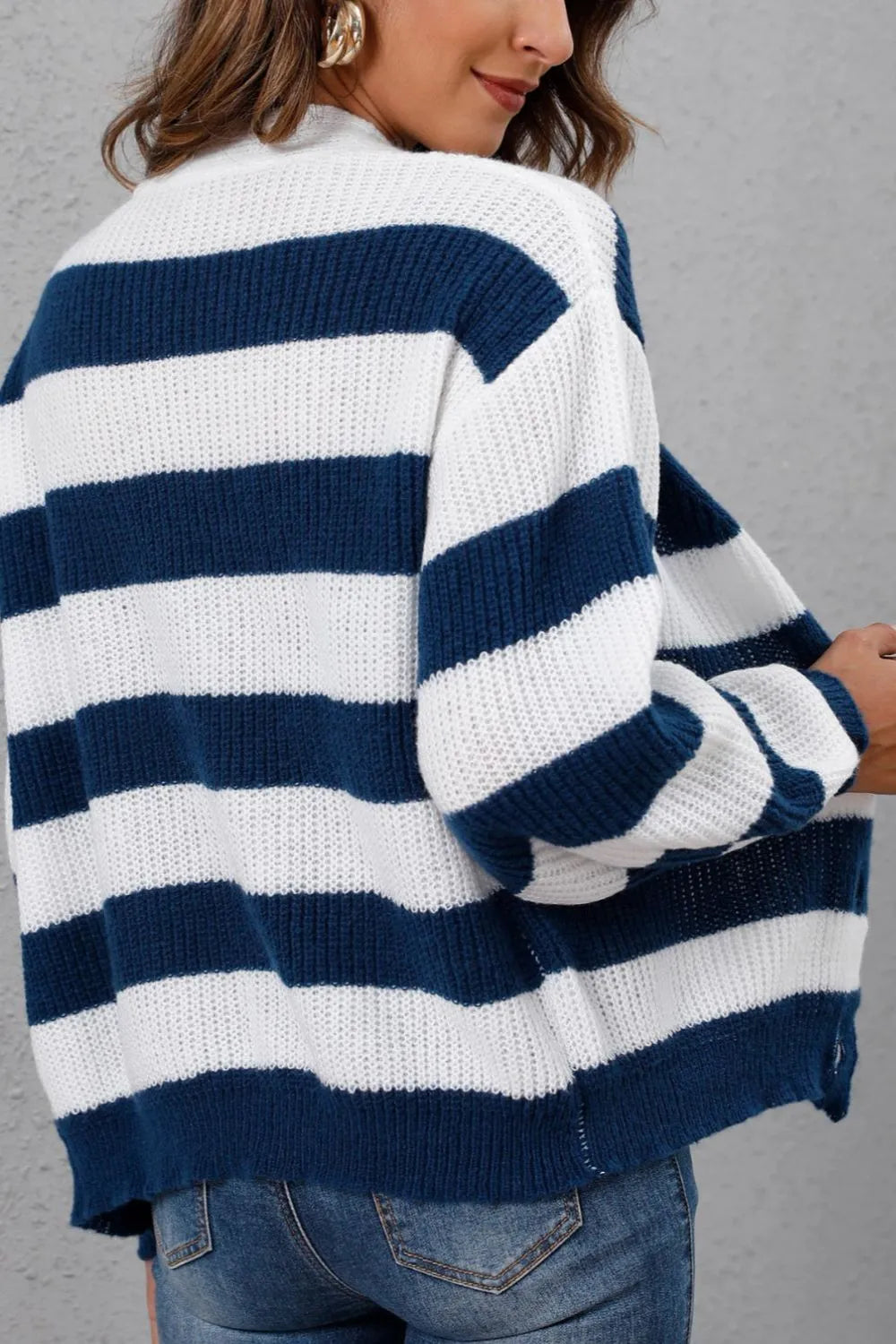 Women's Contrast Striped Button Woven Sweater Jacket Autumn Winter