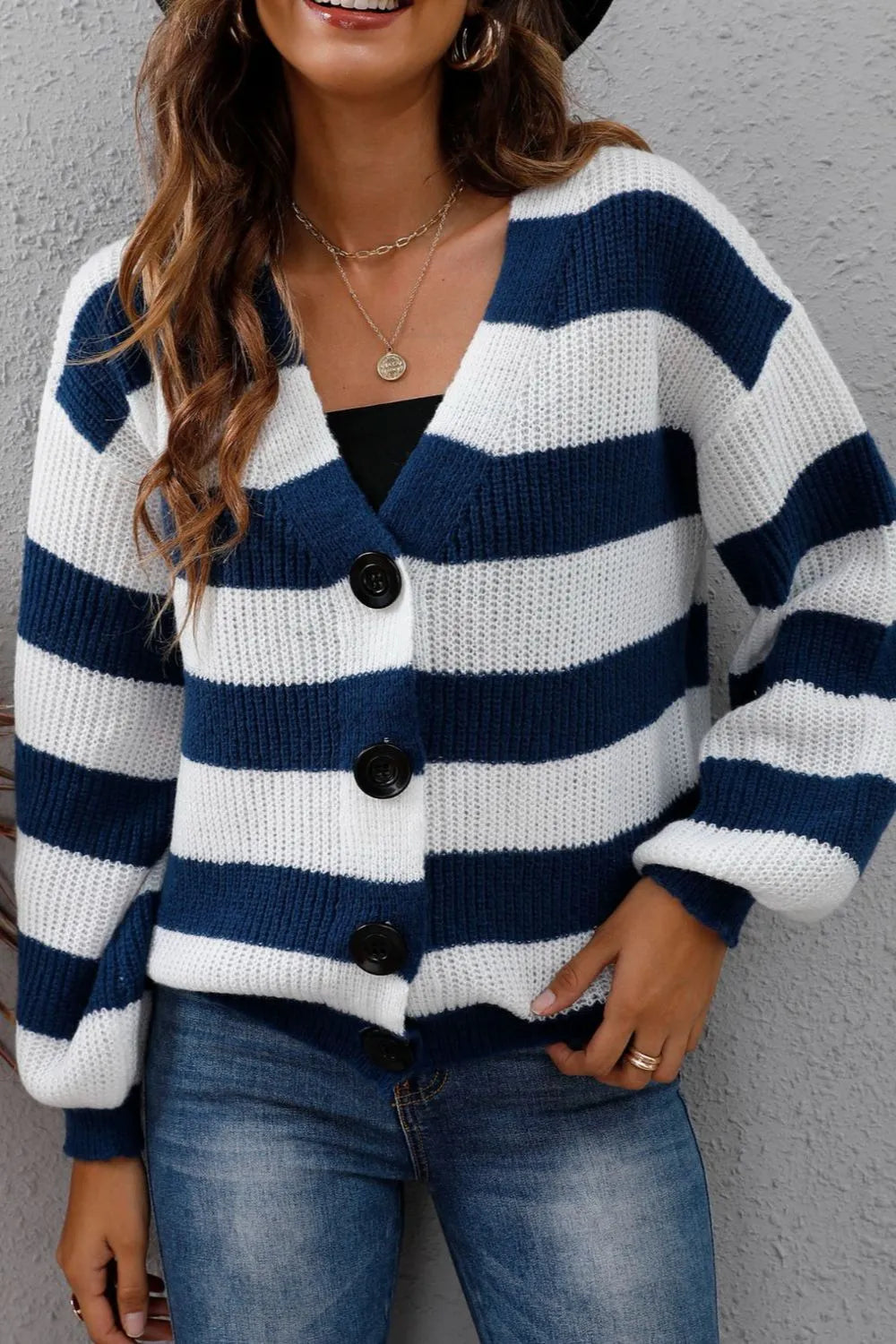 Women's Contrast Striped Button Woven Sweater Jacket Autumn Winter