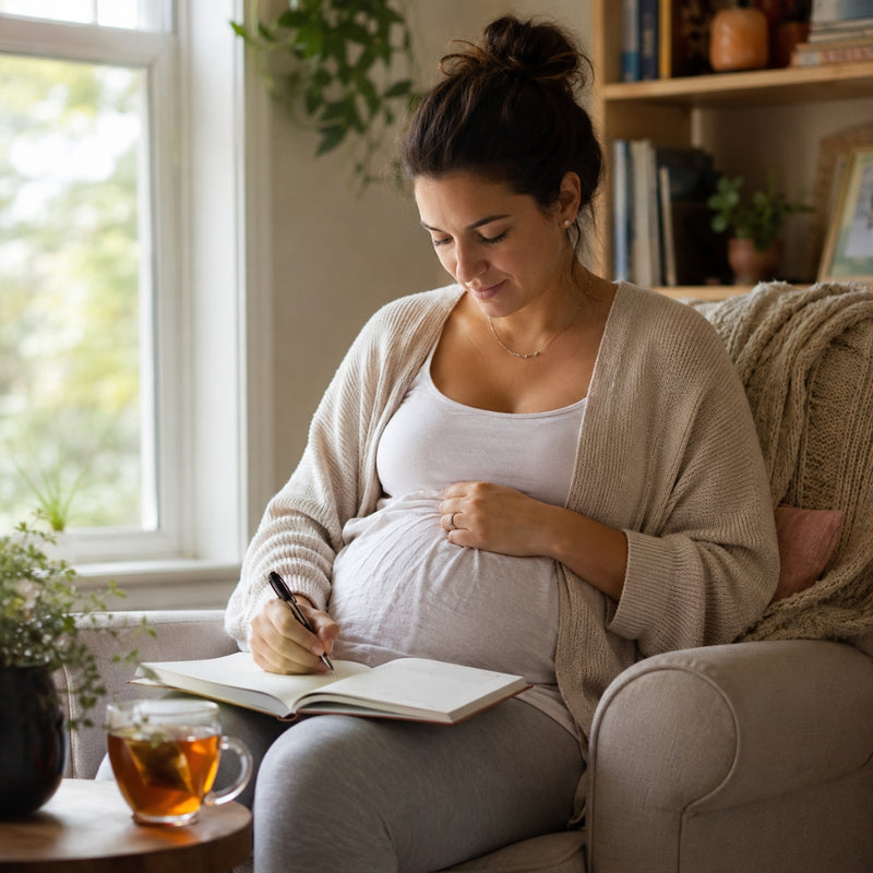 Pregnant woman sitting on a couch, writing in a notebook with a cup of tea nearby.