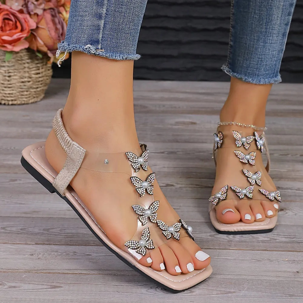 Women's Rhinestone Butterfly Flat Casual Sandals