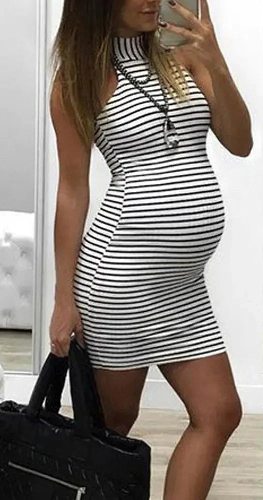 Striped Maternity Halter Neck Dress for Women