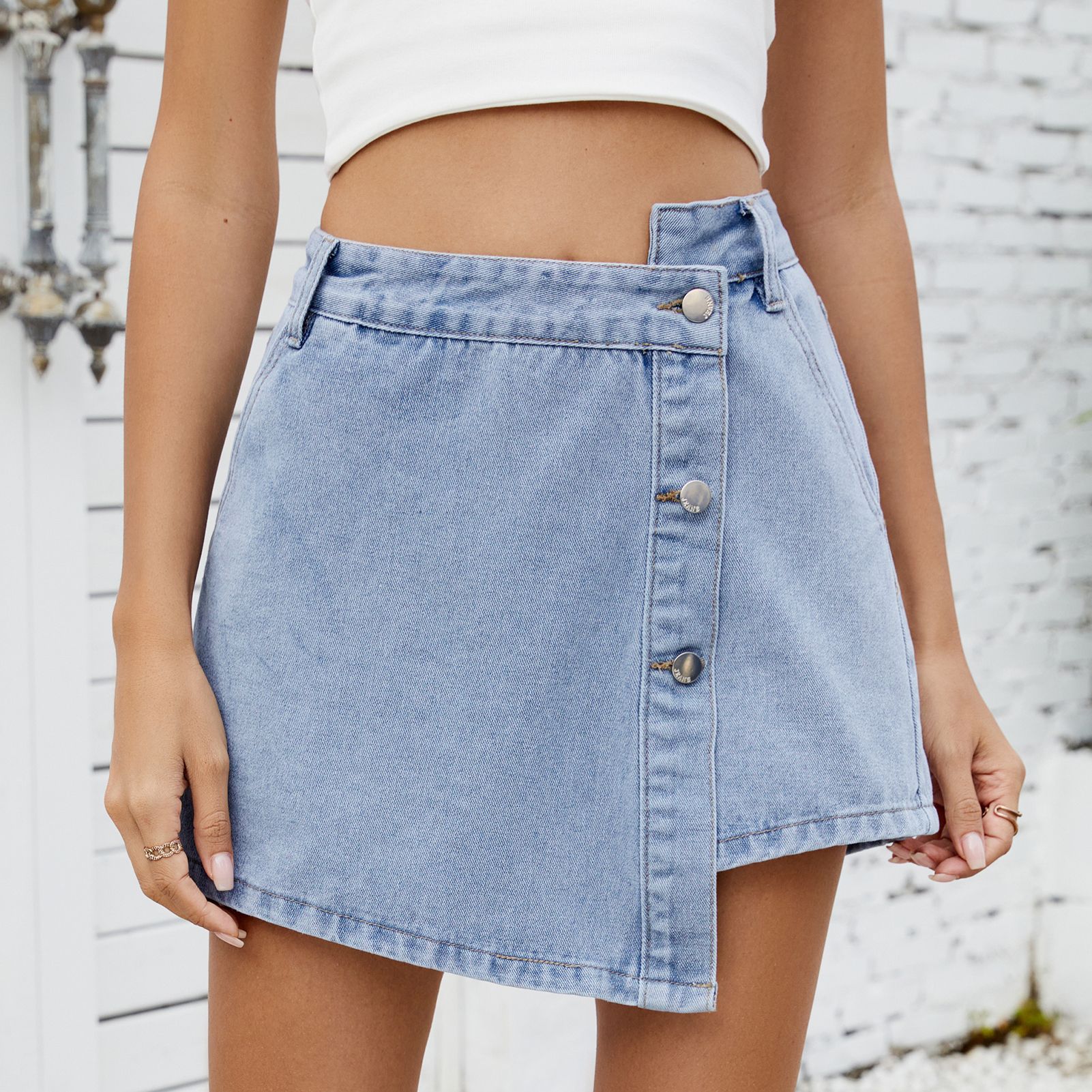 Women's Button-Up Irregular Denim Skirt Pants Hybrid